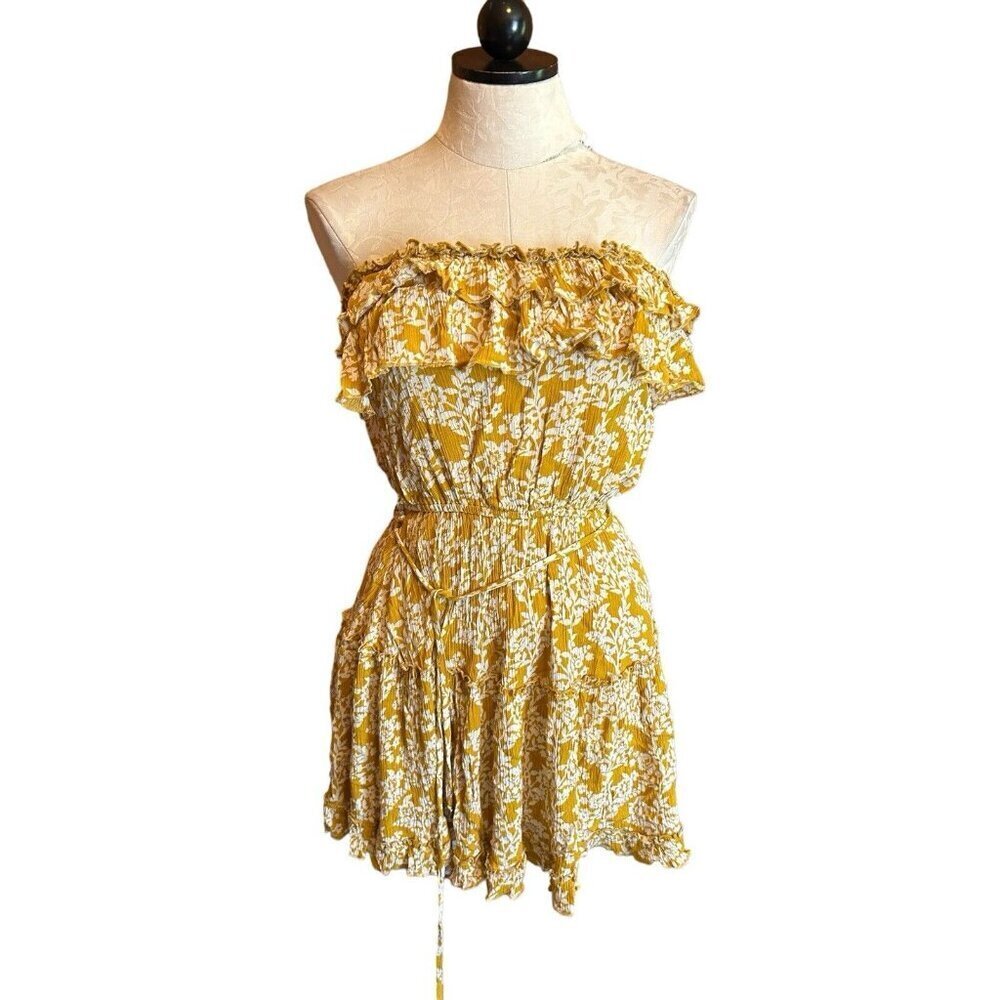 Indikah Women's US S Smocked Mustard Yellow Strapless Ruffled‎ Mini Dress